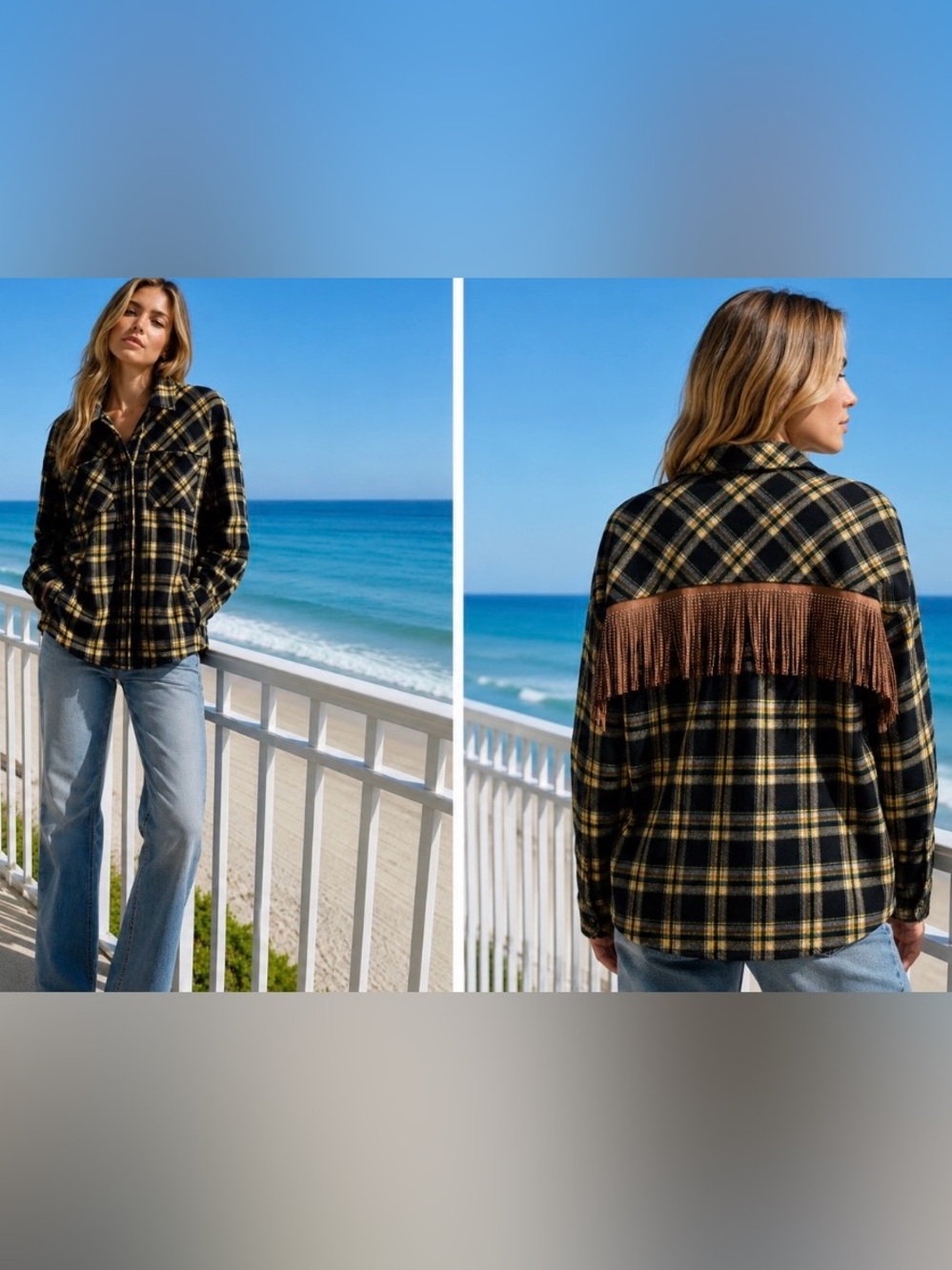Main Strip - Black and Yellow Plaid western Jacket with fringe and pockets